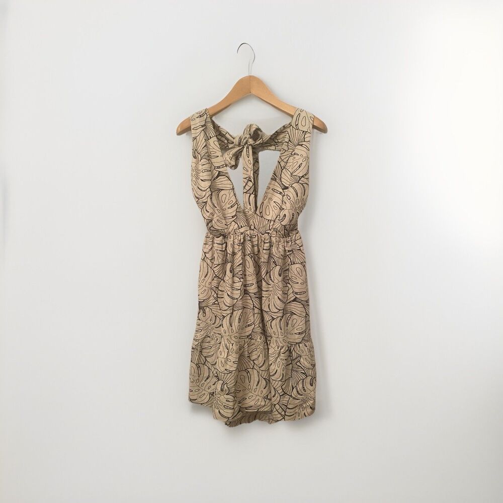 House Of Harlow 1960 Linen Blend Black Palm Print Open Back Floral Mini Dress M